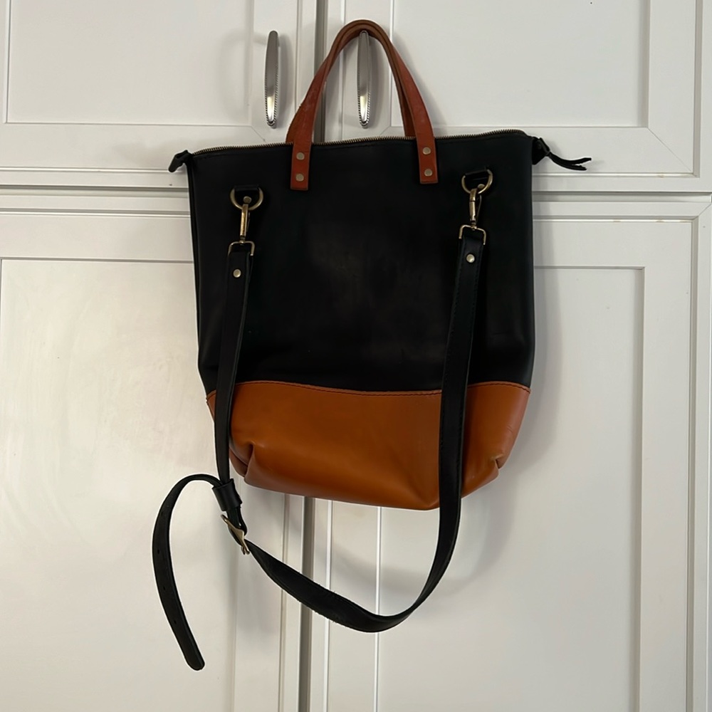 Portland leather tall zip top tote- crossbody strap